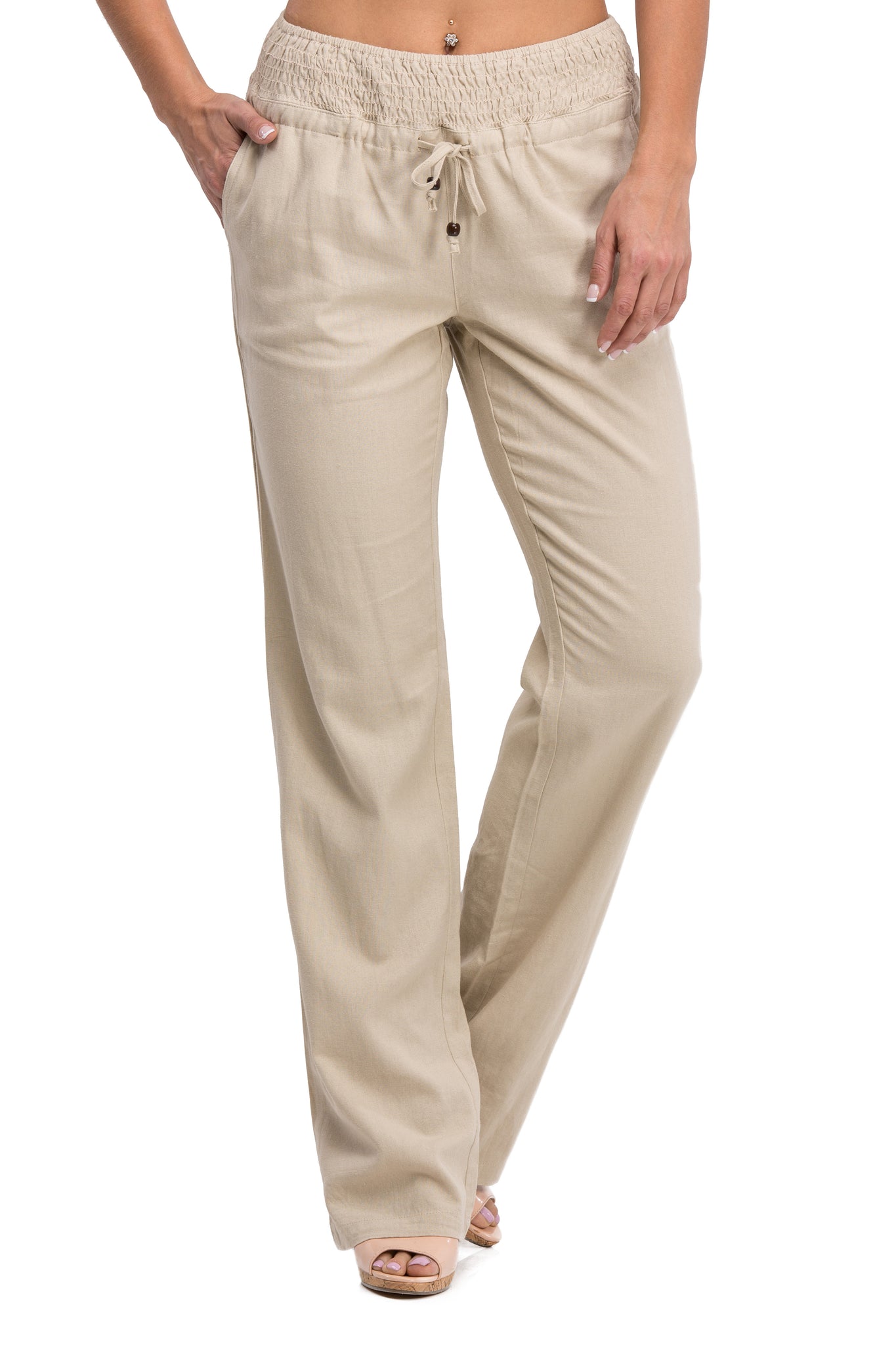 Comfy Drawstring Linen Pants Long with Smocked Band Waist (Natural)