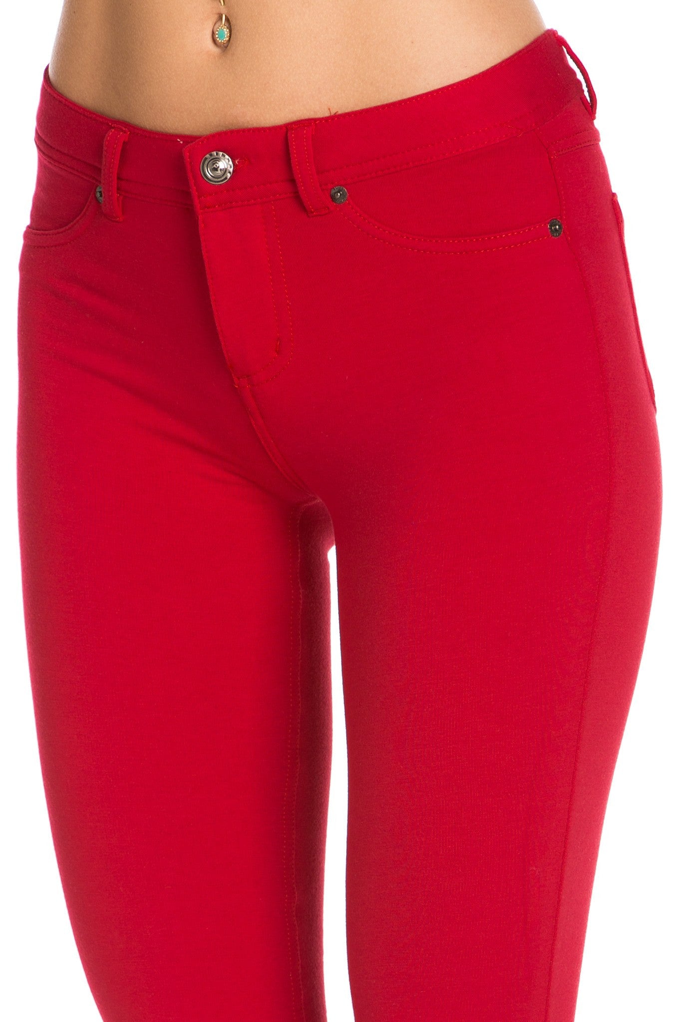 Poplooks Women's Casual Mid Rise Stretch Skinny Knit Jegging Pants (Red)